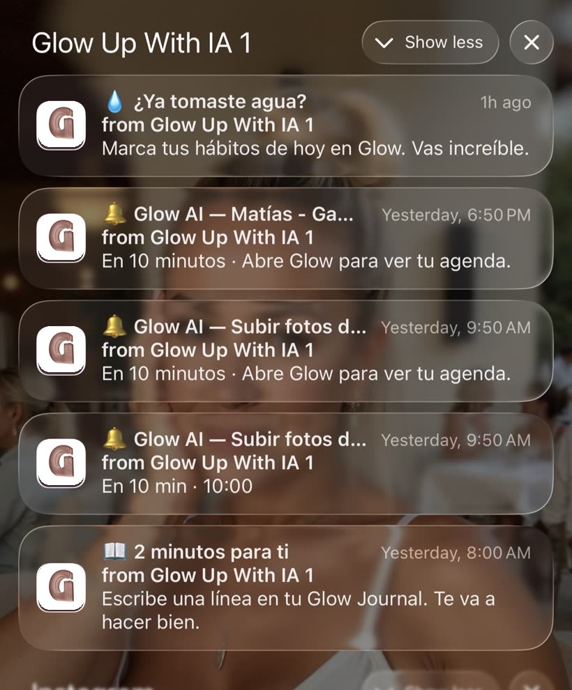 Recordatorios reales de Glow Up With IA en el teléfono: hábitos, agenda y journal